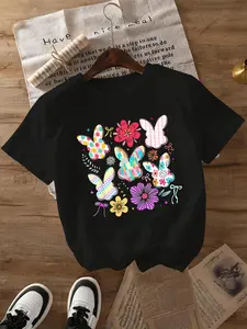 2025 Women's Casual Sports T-Shirt with Colorful Rabbit Ear & Flower Print, Cotton Breathable Short Sleeve for All Seasons, Fashionable Machine Washable, Suitable for Daily, Sports & Outdoor Wear