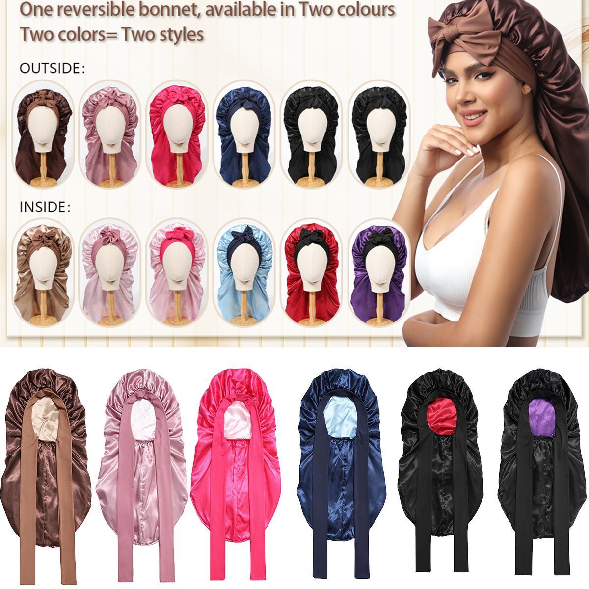 AWAYTR Long Double Layer Satin Bonnet for Sleeping Reversible Silk Feeling Bonnets for Long/Curly Hair Women Sleeping Cap with Tie Band Head Wrap Nightcap TikTokShopBlackFriday