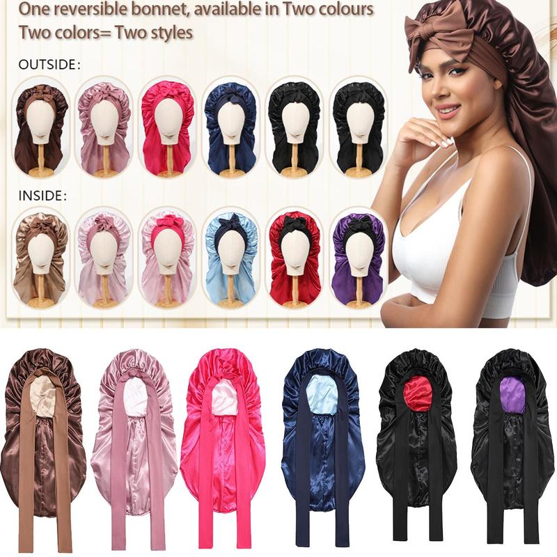 AWAYTR Long Double Layer Satin Bonnet for Sleeping Reversible Silk Feeling Bonnets for Long/Curly Hair Women Sleeping Cap with Tie Band Head Wrap Nightcap TikTokShopBlackFriday