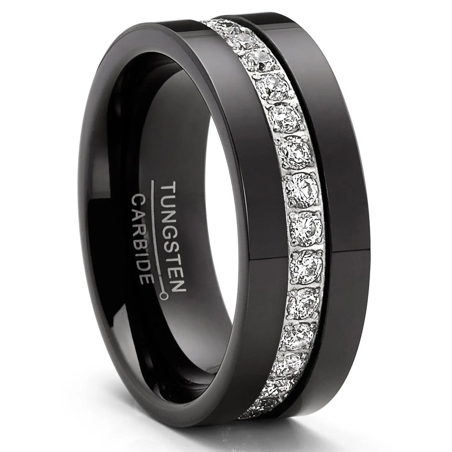 Men's Black Tungsten Wedding Band, 8mm High-Polish Eternity Ring with 1.35ct Cubic Zirconia, Comfort-Fit Promise Ring, Mens Wedding Bands, Ideal For Engagements And Weddings