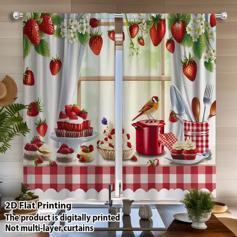 2pcs Strawberry Bird Countryside Kitchen Curtains, 2D Flat Digital Print, Not Multi-layer Curtains, Ideal for Kitchen, Bathroom Foldable Colorful Room Divider