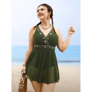 【Tummy Control】BLOOMCHIC Plus Size Floral Embroidered Overlap Collar Swim Dress [M-6X] 2026 Summer Vibes Swimweek
