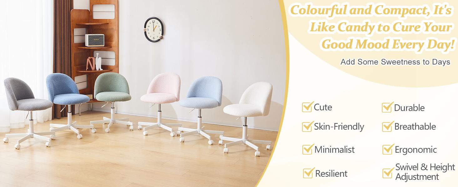 VINGLI Candy Chair Armless Cute Desk Chair,Comfy Small Office Chair with Wheels,Vanity Chair with Lumbar Support,Teddy Adjustable Rolling Swivel Computer Task Chair for Home Office,Bedroom,White