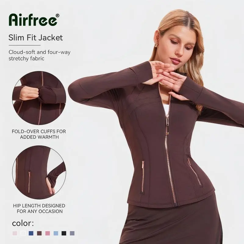 Airfree Women's Slim Fit Athletic Zip Up Jacket with Gold Zipper - BBL Jacket, Sculpting Workout Running Jacket with Thumbholes, Flattering Snatched Fit Activewear Outerwear for Gym, Yoga, Hiking，summer vibe，sohochic，TikTokShopBackToSchool