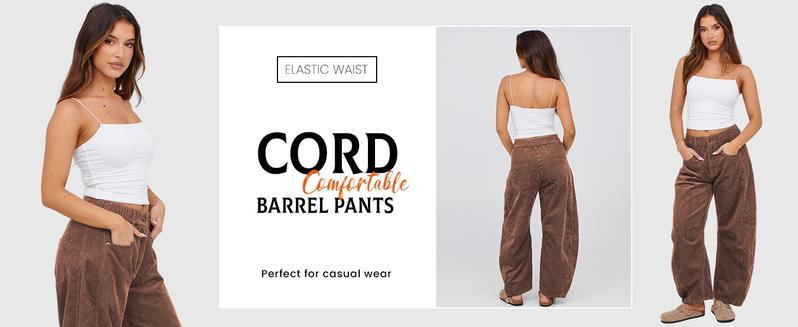 Naeduo Women's Corduroy Pants Barrel Mid-Rise Elastic Waist Cord Pants Casual Wide Leg Baggy Trouser with Pockets for Fall Beige Basic Minimalist Bottoms Button Womenswear