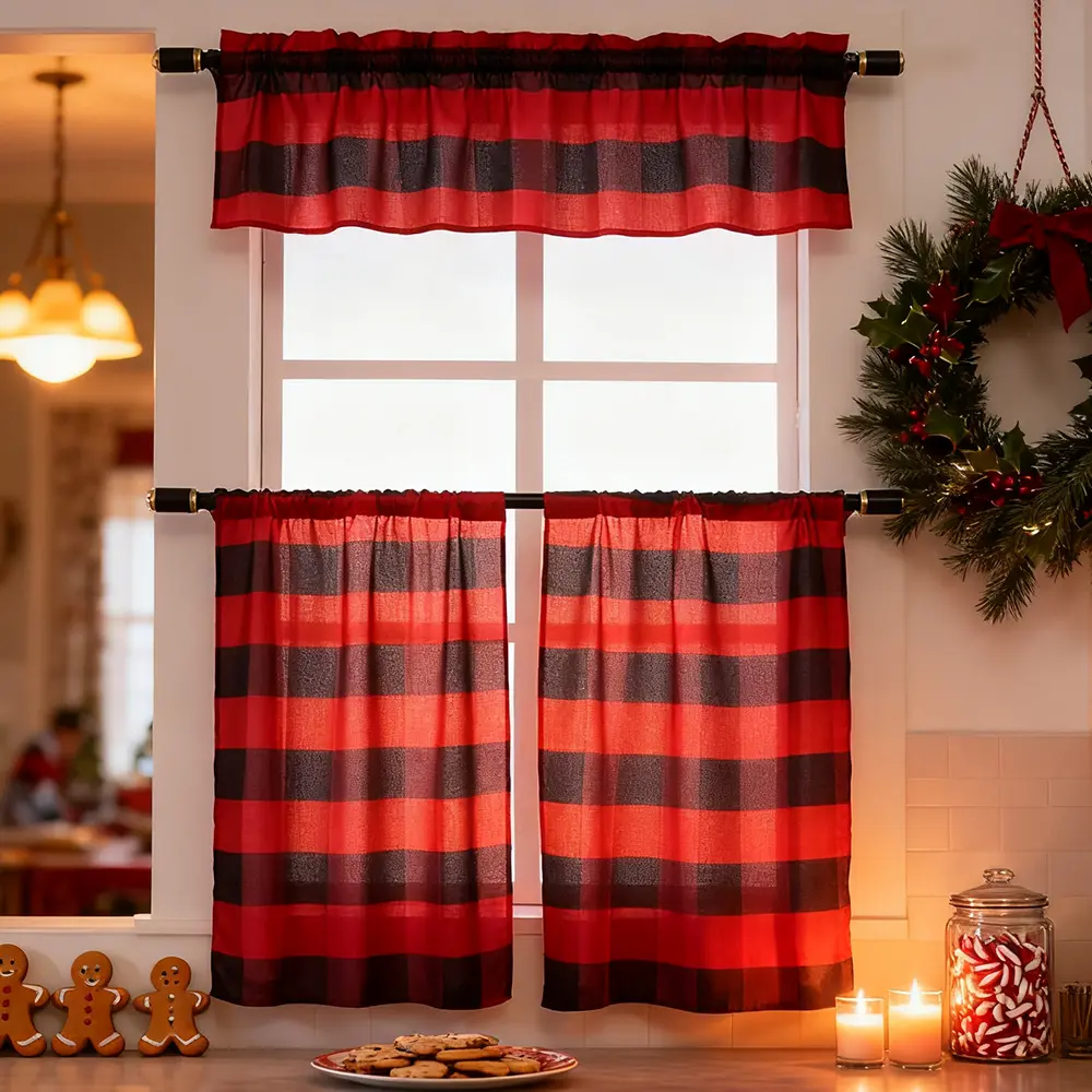 Traditional 3-Piece Plaid Polyester Buffalo Kitchen Curtain Set - Home Textile Window Treatment with Swag, Tier Drapes, Easy Washing, Durable Household Accessory