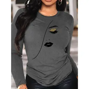 Long Sleeve Face Print T-shirt, Crew Neck Casual Top For Winter  Fall, Women's Clothing