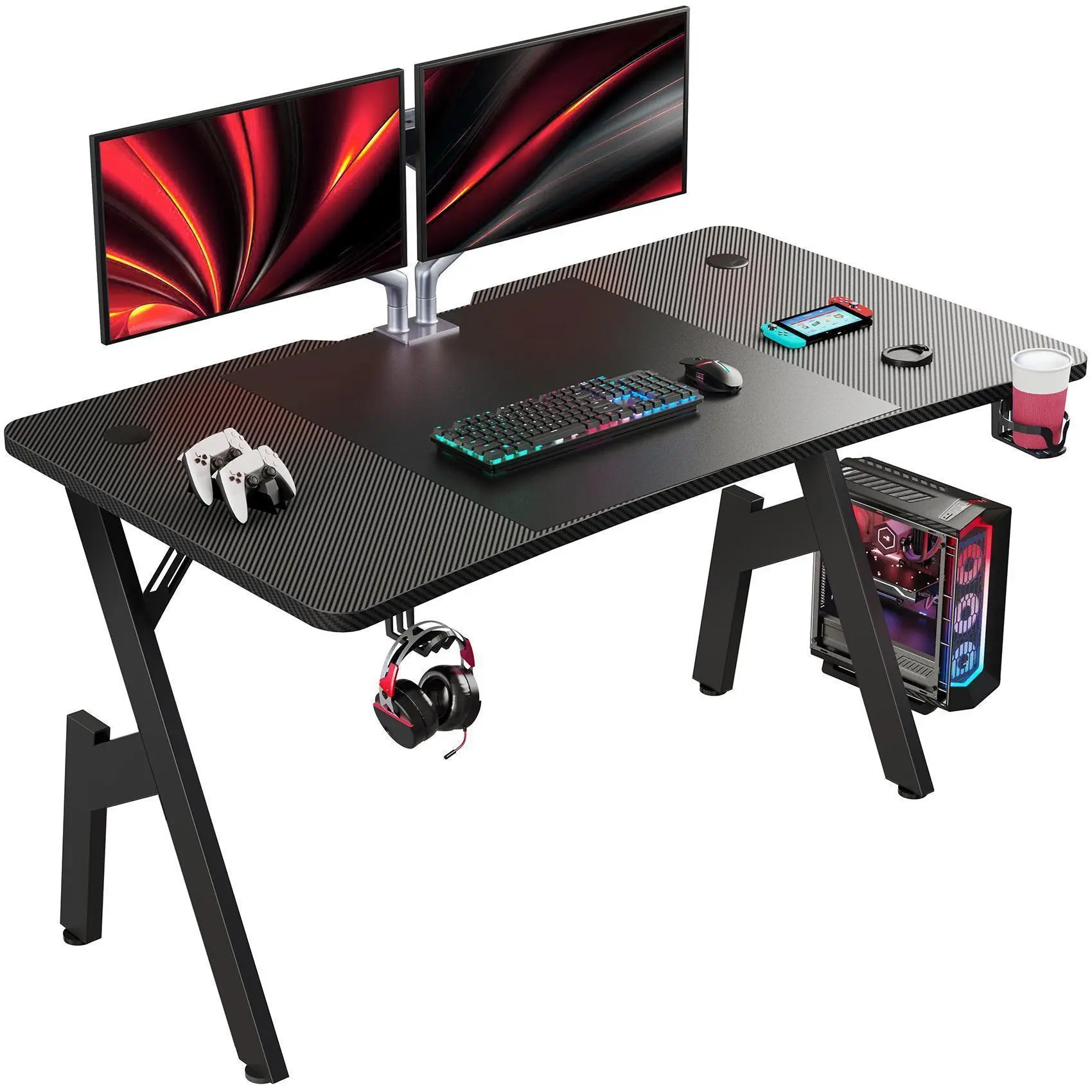 Ecofurnix A-Frame Gaming Desk - 47/57-Inch Waterproof Carbon Fibre Wood Computer Desk, Black Tech-Inspired Design, Easy Assembly, Stable Construction, Headphone Hook & Cup Holder, Gamer Stuff,dorm essentials,home decor
