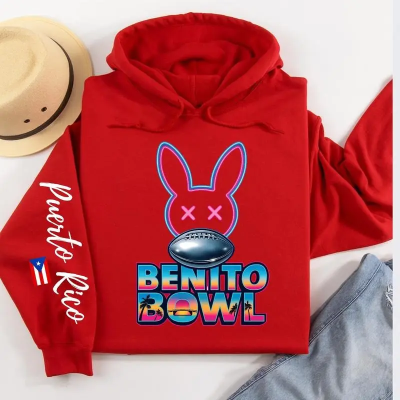 Red Benito Bowl Hoodie, #BBunnyy Puerto Rico Sweatshirt, Latino Music Hoodie, Benito Bowl Game Hoodie, Unisex Streetwear Shirt, Gift for Fan
