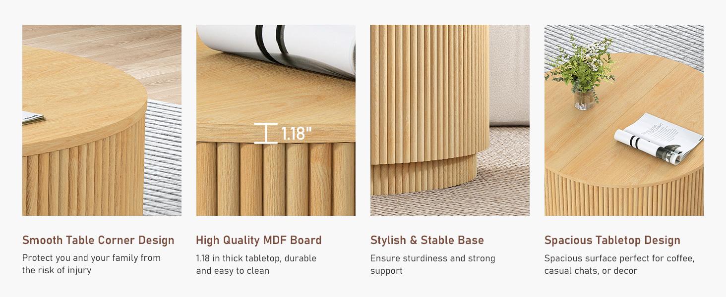 Giratree 31.5" Round Coffee Table with Storage, Mid Century Modern Coffee Tables with Fluted Base, Wooden Circle Accent Center Table for Living Room Small Space Apartment Office