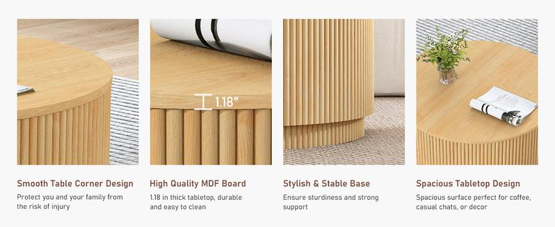 Giratree 31.5" Round Coffee Table with Storage, Mid Century Modern Coffee Tables with Fluted Base, Wooden Circle Accent Center Table for Living Room Small Space Apartment Office