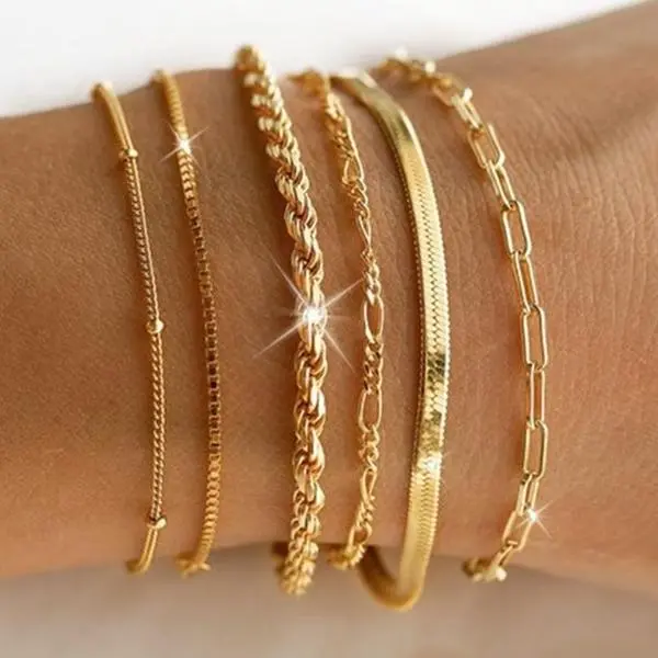 6PCS Elegant Thin Bracelet Set for Women, 14K Gold Plated Stackable Bracelets, Dainty Cuban Link Paperclip Chain Beaded Rope Bracelet, Waterproof Non Tarnish Fashion Jewelry, Trendy Gifts for Women & Teen Girls