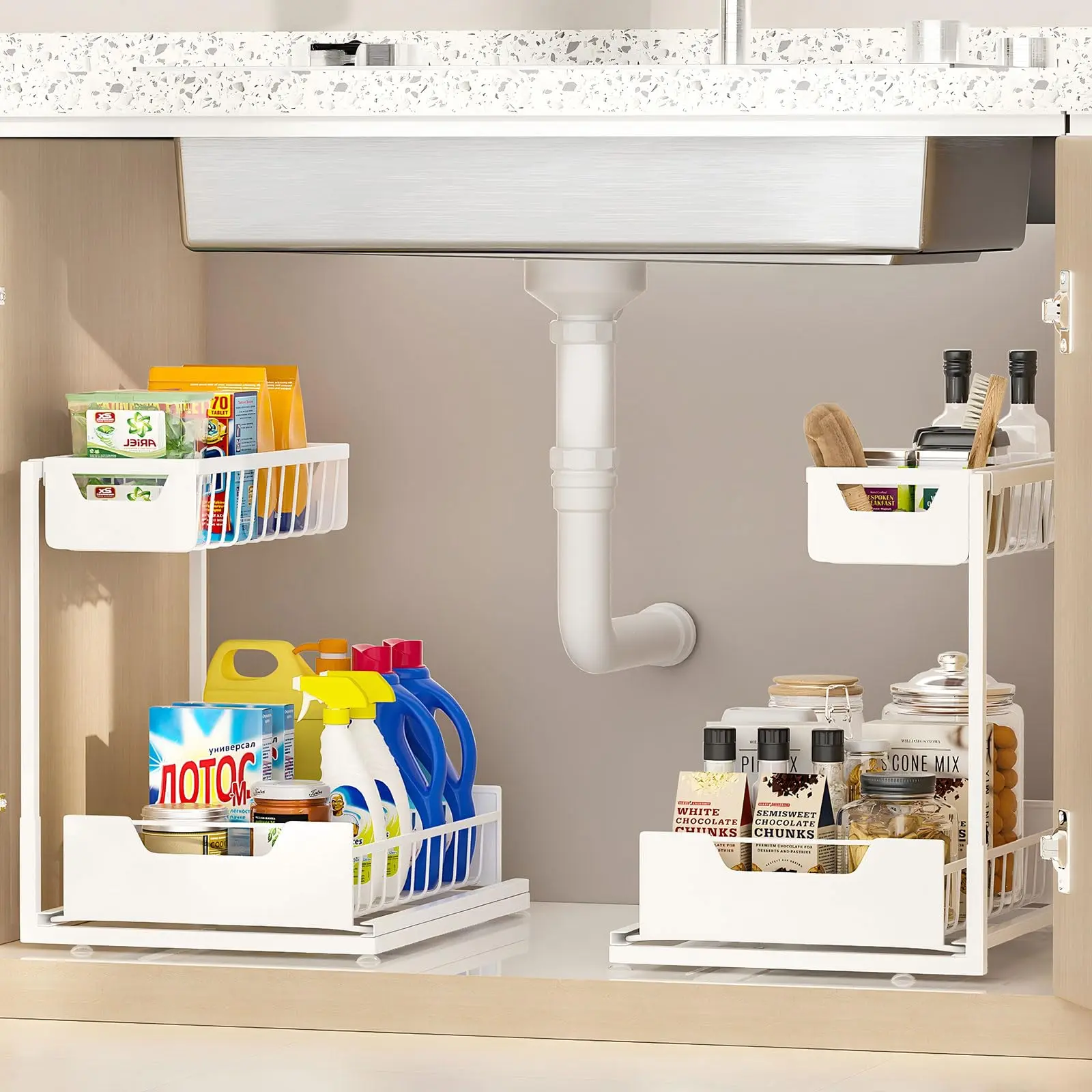Undersink storage rack with 2 layers of high-quality metal pull-out kitchen cabinet storage boxand sliding drawer, adjustable height, heavy-dutykitchen and bathroom storage container