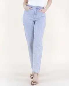 Light Wash Rhinestone Slim Straight Leg Jeans
