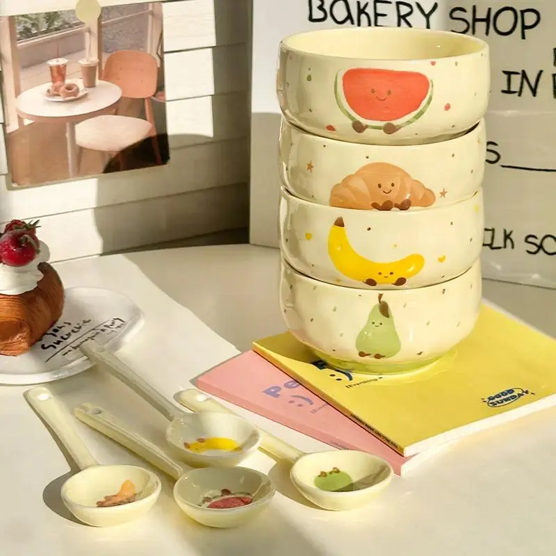 4 Set Cute Fruit Ceramic Bowl Creative Decorative Kawaii Hand-painted Ceramic Anti-scald Soup Bowl Home Kitchen Noodle Ramen Tableware Bowl Decorative Bowls