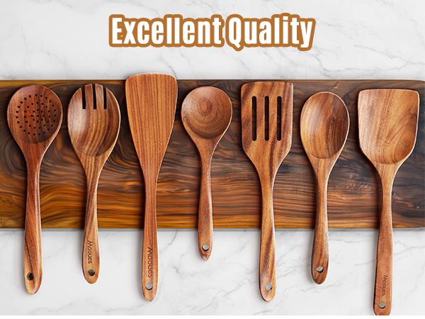 Mooues Natural Teak Wooden Kitchen Utensils Set - 3-15 Piece Safe Eco-Friendly Utensils with Comfort-Grip Spoons & Spatulas for Home Cooking CozyVibes