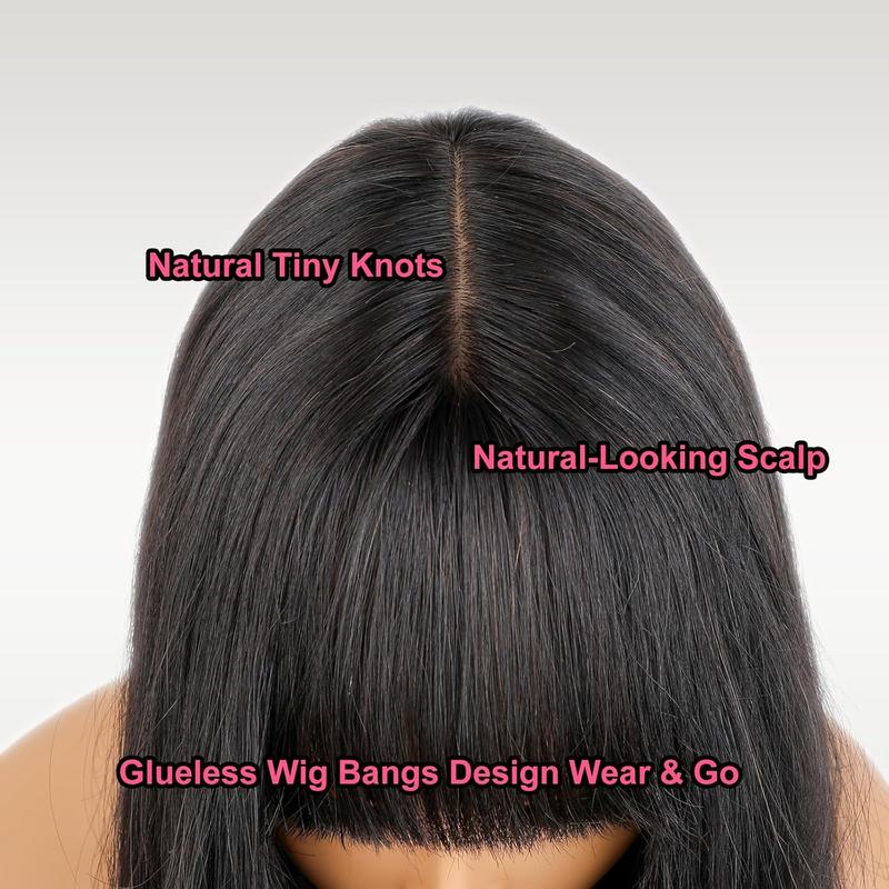 [New In]Mamushow Straight Wigs with Bangs Human Hair 2x4 Lace Wig with Drawstring 180% Density Middle Part for Black Women Glueless Machine Made Wigs