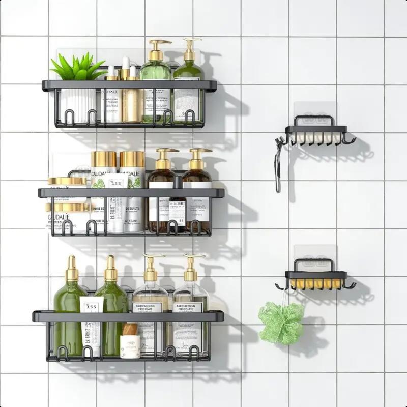 Bathroom Storage Rack Set,5 Pack Shower-Caddy Shelf Organizer. Adhesive wall-mounted Shower Rack. No Drilling Large-Capacity Anti-Slip Bathroom Mat - Rustproof Soap Storage Rack for Bathroom, Kitchen