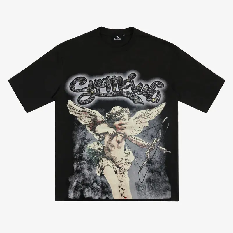 Supermade Men's Retro Cupid Rhinestone Graphic Tee, Streetwear Outfits Essential, Men's Graphic Tees with Retro Cupid Energy, Standout Pick