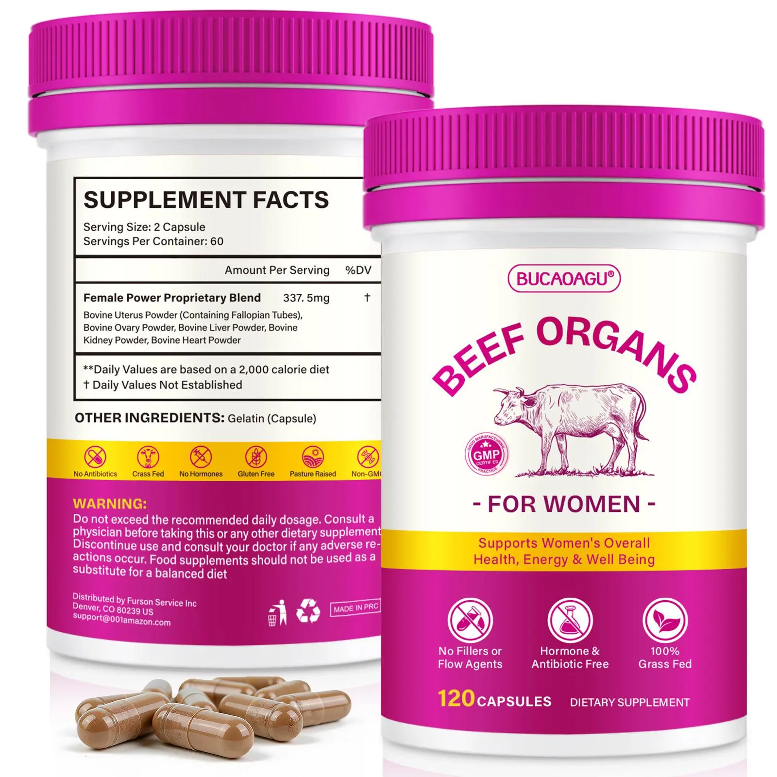 Women's 6-in-1 Beef Organs Dietary Vitamin Supplement - Uterus, Ovary, Liver, Kidney, Heart Whole Food Vitamin for Hormone Balance, Energy, Healthy Aging*, Non-GMO, 120 Capsules (60-Day Supply) - Self-Care Gift for Mom, Nail Growth Journey, Supplement Sta