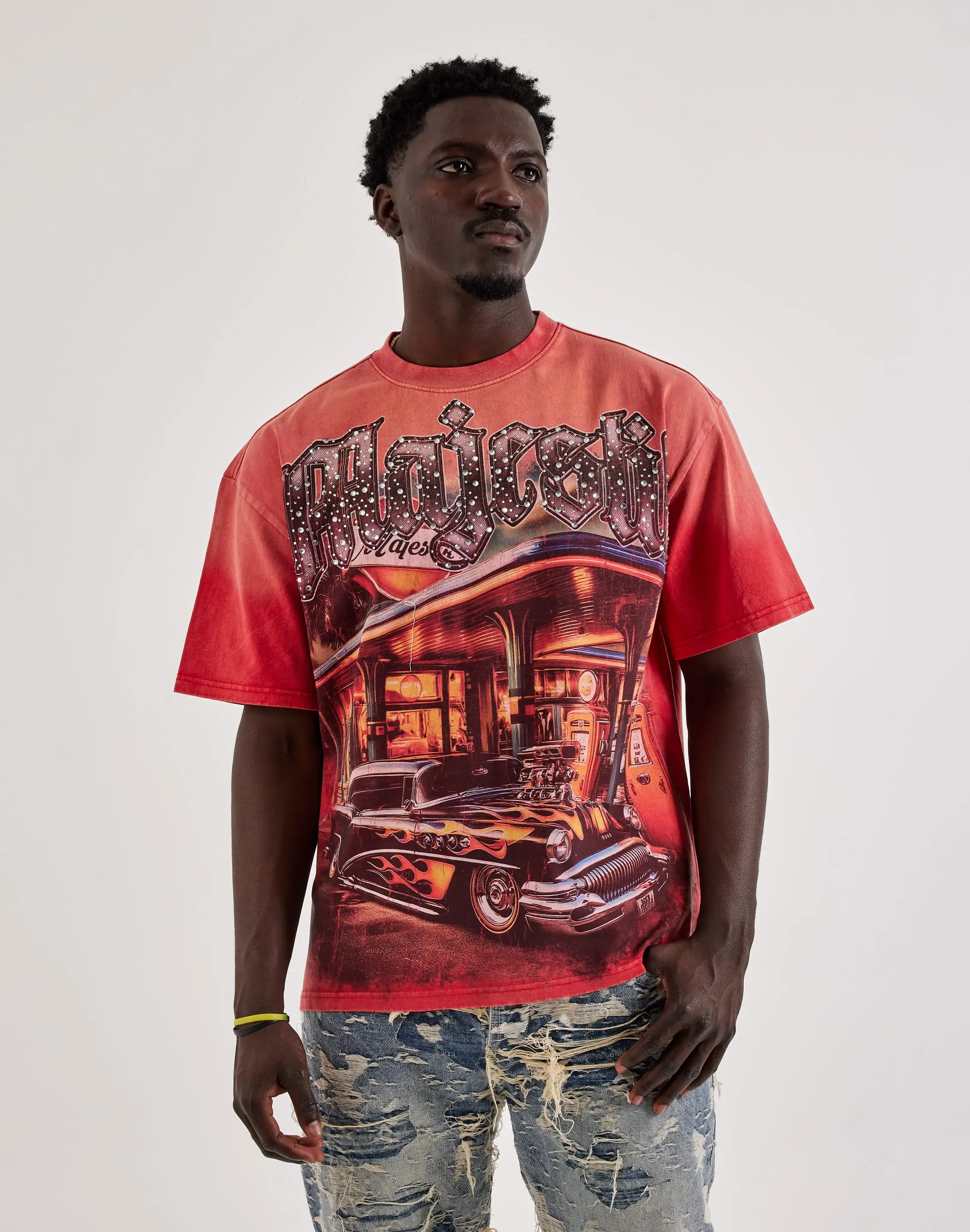 Mens Majestik Old School Flame Rhinestone Tee