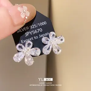 Minimalist Luxury Zircon Faux Pearl Water Drop Flower Earrings, Niche Chic for Commute