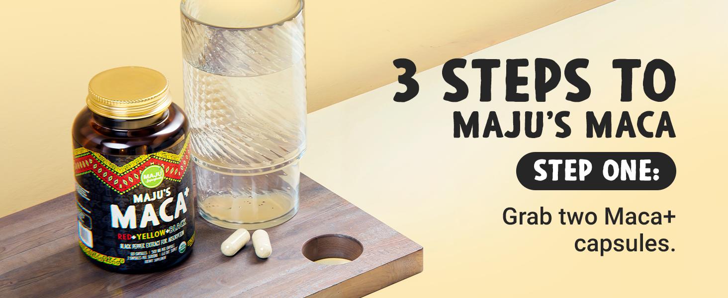 MAJU Organic Maca Capsules (120ct) - Edible Vegetarian Dietary Supplement, Red, Yellow, & Black Maca, Hormone, Healthcare, Optimum Stamina & Fitness