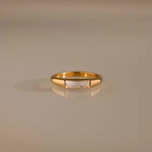 Diamond Baguette Signet Ring by Caitlyn Minimalist - 18K Gold Plated Crystal Solitaire Ring - Minimalist Stacking Ring - Women’s Jewelry - Gift for Her