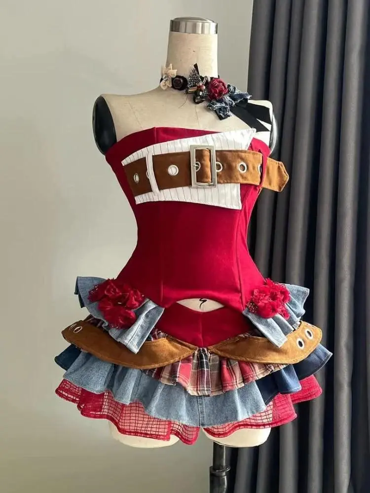 Preppy Style Vintage Red Denim Bustier Tops + Sweet Spicy Pure Design Mini Cake Skirt Women 2 Piece Sets Summer 2025 Korea Style