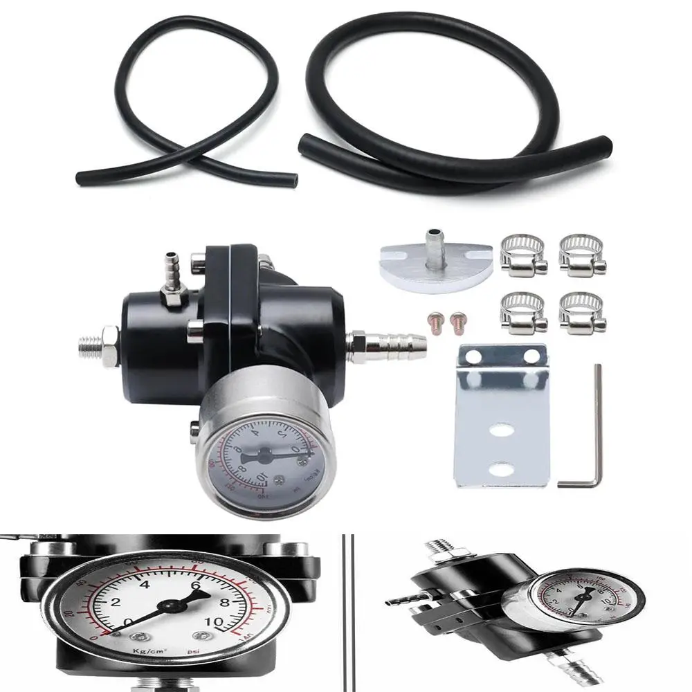 Universal Adjustable Fuel Pressure Regulator with 0-140PSI Gauge, Black Aluminum Alloy, Complete Fitting Kit & Hose, Promotes Car Performance & Fuel Efficiency