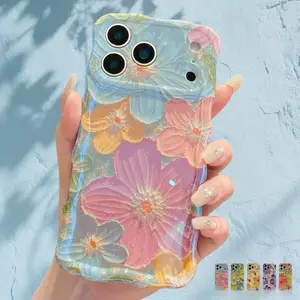 Colorful Retro Oil Painting Girly Phone Case For iPhone 17 16 15 14 13 12 11 Pro Max, Pretty Glossy Pattern Wave Cover Cute Sparkly Floral Flower Curly TPU Protective Case for Women and Girl