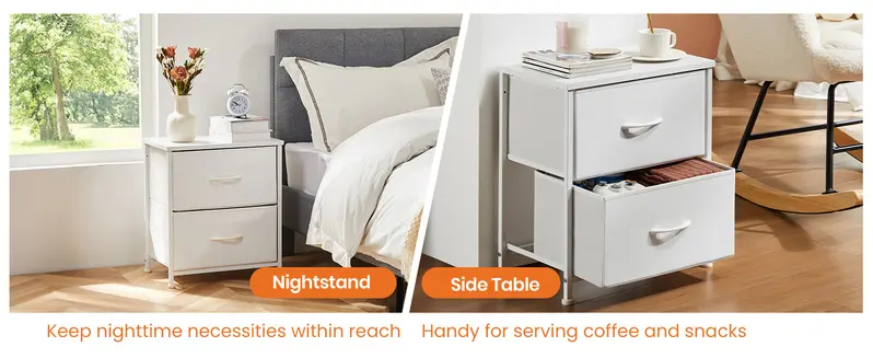 Sweetcrispy Bedside Table - 2 Fabric Drawers, Adjustable Height Legs, Functional Indoor Bedside Storage for Small Bedroom Spaces, Apartment Furniture, Household Items, Room Decor