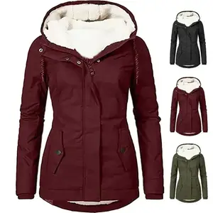 2025 Hooded Women Splice Zipper Coats Loose Casual Pockets Parkas Regular Thick Full Sleeve Warm Solid Jackets Autumn Winter camouflage design plush sweatshirt winter  clothes