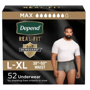 Depend Real Fit Adult Diapers, Incontinence Underwear for Men, Disposable, Maximum Absorbency, Large/Extra Large, 52 Count (2 Packs of 26), Packaging May Vary