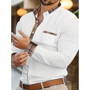 Men's Classic Plaid Long Sleeve Dress Shirt with Chest Pocket - Smooth Polyester Fabric, Button-Up Front, Machine Washable - Perfect for Spring & Fall Casual Wear