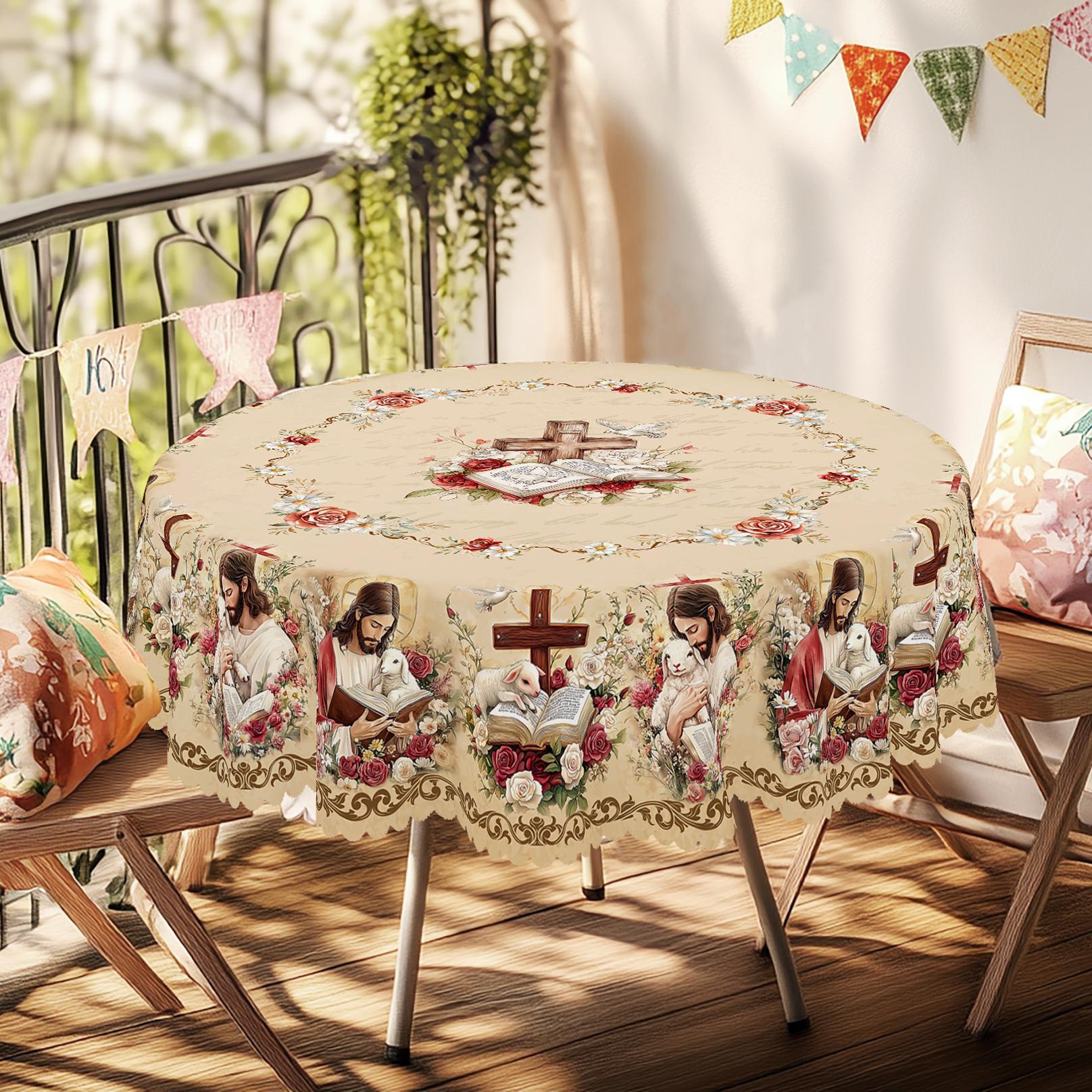 XEXSIN He is Risen Easter Tablecloth Party Decorations, Spring Floral Easter Cross Bible Tablecloth Rectangle/Round for Holiday Spring Farmhouse Kitchen Dining Table Decorations Indoor Outdoor