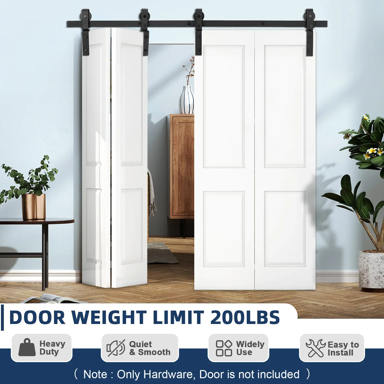 [Not included Door] Heavy Duty Bi-Folding Sliding Barn Door Hardware Kit – Heavy Duty Bi-Fold Sliding Barn Door Hardware Kit – Durable Steel Track & Side-Mounted Rollers – Smooth & Quiet – Easy Install – Fits 2 or 4 Interior Bifold Doors