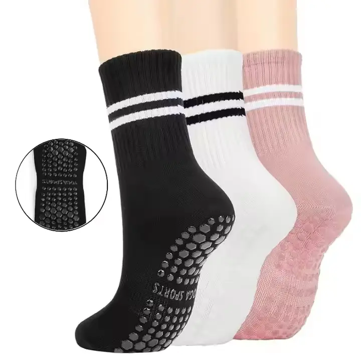Grip Pilates Crew Socks for Women, Non Slip Yoga Socks with Grips for Barre Hospital Grippy Sticky Sock