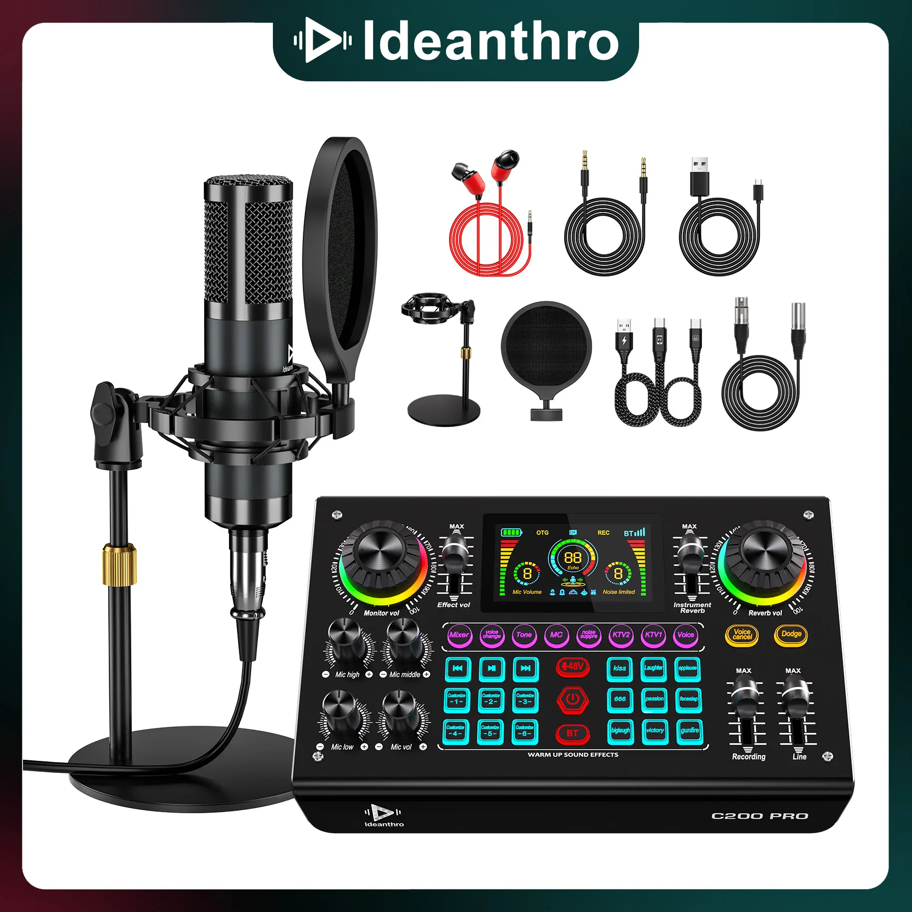 Ideanthro C200 PRO-P15 sound card features a dual-core DSP chip, supports dual microphones and dual headphones, has adjustable tone and multiple voice changer settings, and is compatible with most live streaming platforms