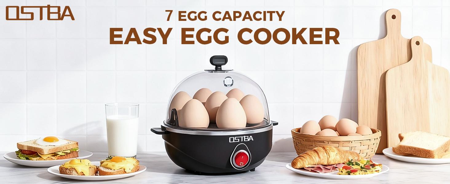 OSTBA Egg Cooker, 7-Egg Electric Boiler with Manual Switch, Overheat Protection, Mini Food Steamer for Soft, Medium & Hard Eggs, Easy to Clean, Portable, Black