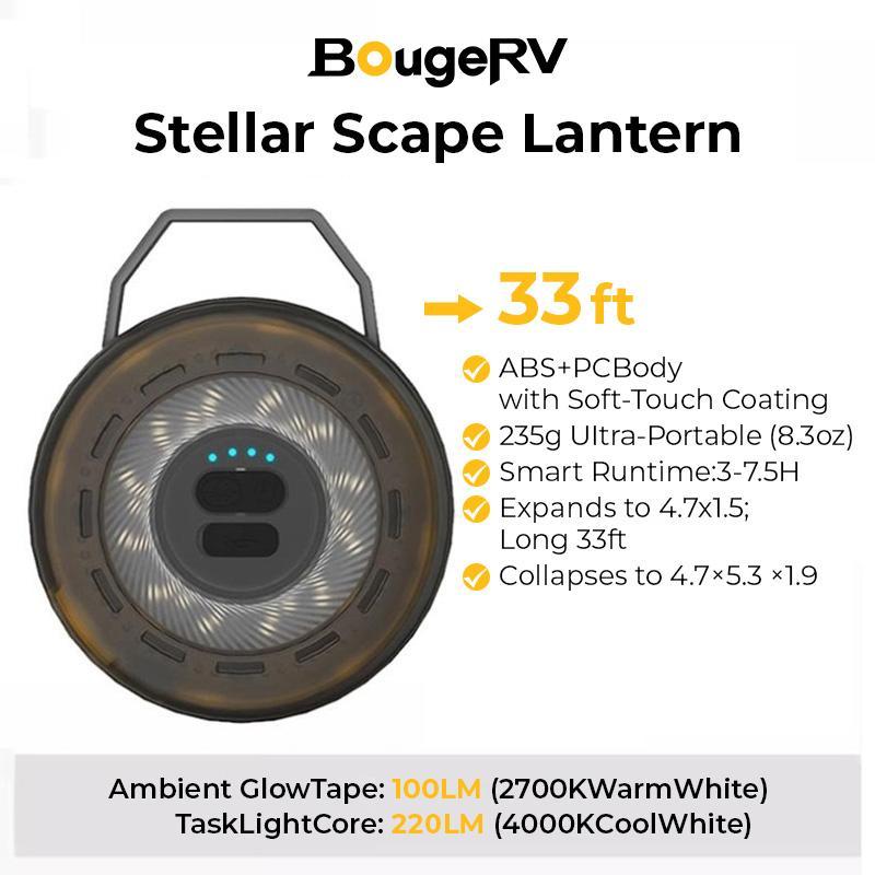 BougeRV Camping String Lights 2025, 3 in 1 Quick Storage 33FT Rechargeable Retractable String Lights with 3 Lighting Modes, Waterproof Emergency Light Outdoor Led Bulbs