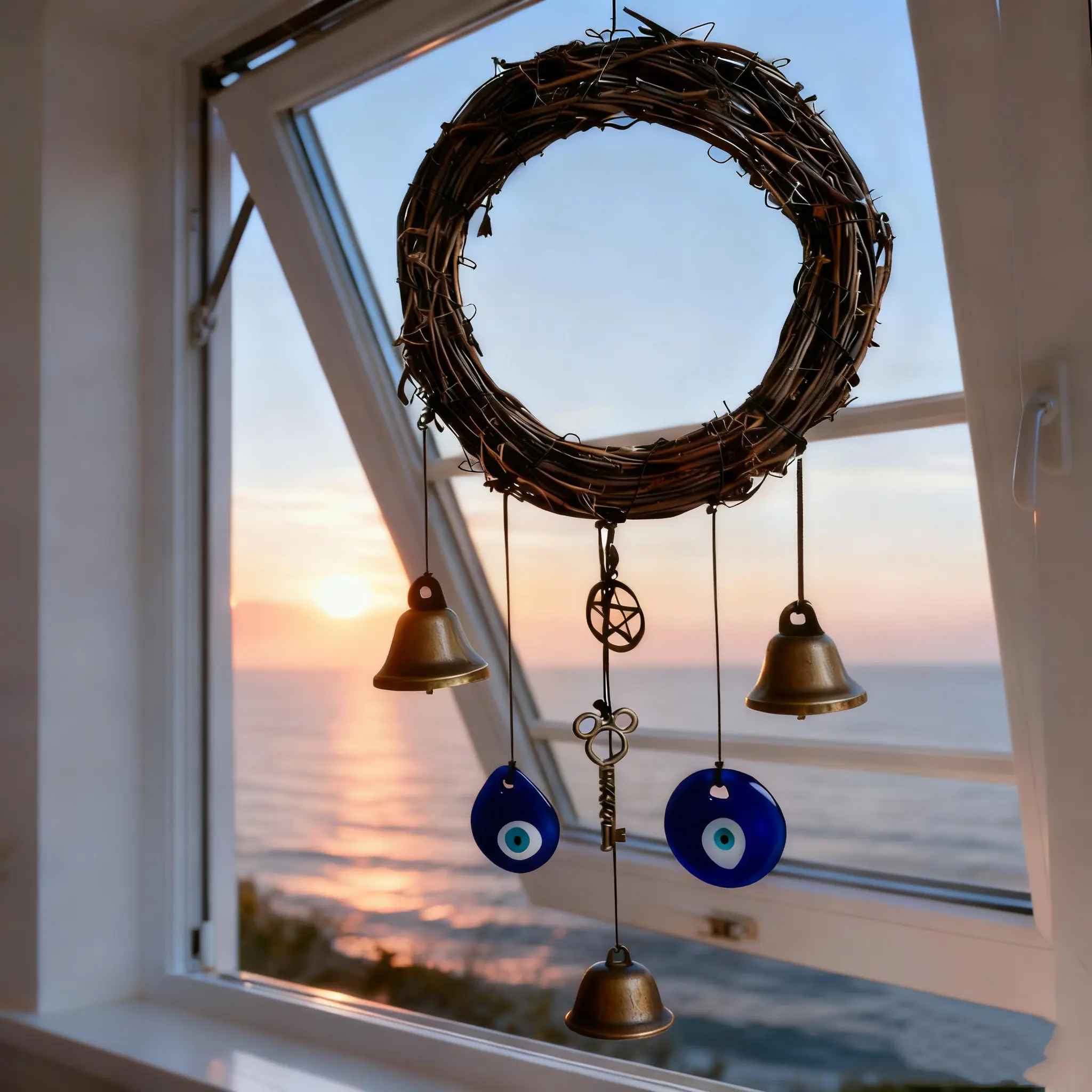 Handcrafted Iron Witch Bell Wind Chime, Vibrant Sparkling Blue Eyes, Gentle Melodious Bedroom Chimes Enhances Ambiance, Sturdy Weather-Resistant Home Decor Hanging Ornament, Perfect Gift for Friends Family on Christmas Halloween, Ideal for Garden Fences,,