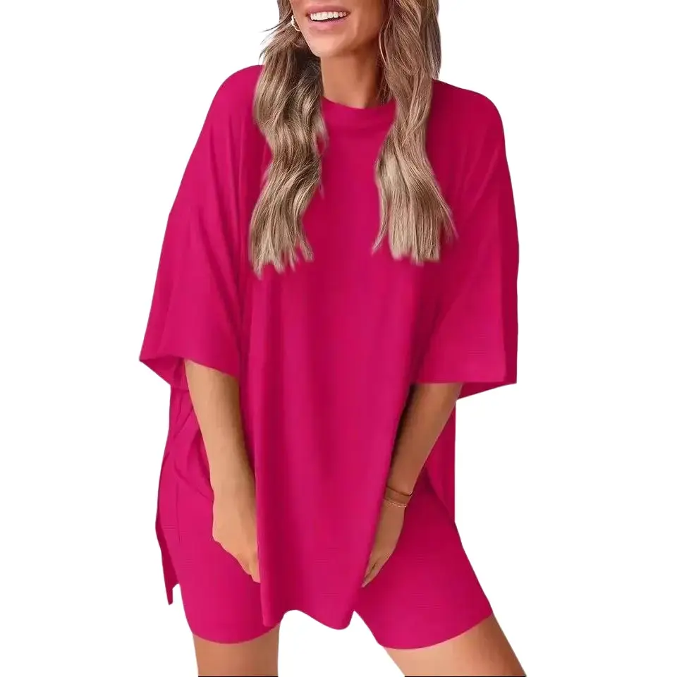 Summer Women's Solid Color T-Shirt and Tight Shorts Set Loungewear, Summer Comfort Round Neck Pajamas, Casual Pocket Design, Suitable for Outdoor Wear