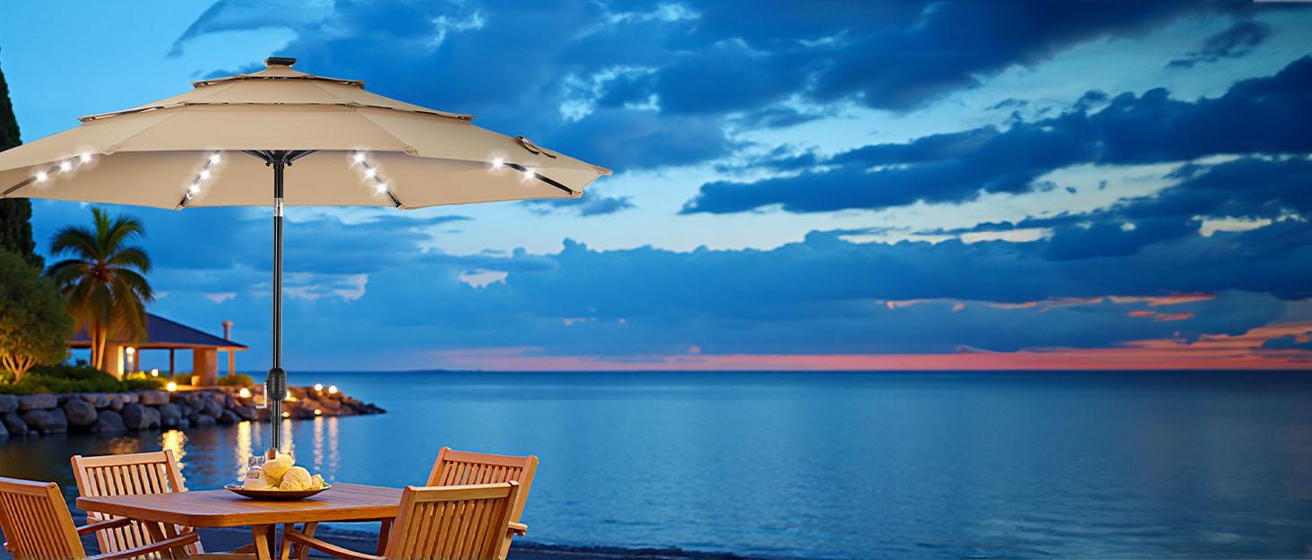 3-Tier Patio Outdoor Umbrella Solar 32 LED Lighted Table Market Umbrella with Tilt Adjustment Easy Crank for Garden Deck Backyard Pool and Beach