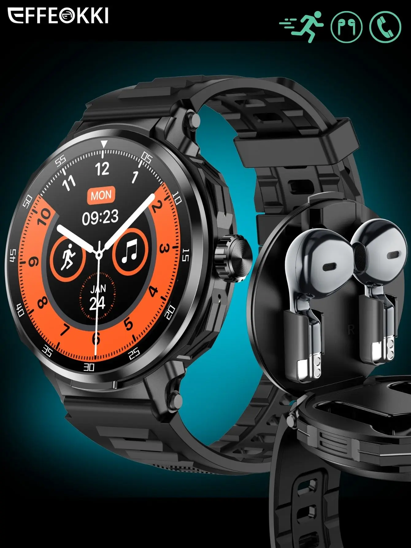 Men’s 2-in-1 Plastic Wearable Smartwatch & Earbuds Electronic Gift Set - 1.46" Round Touch Screen, Wireless Call, Fitness Tracking, Multi-Sport Modes (Music, Hiking, Badminton, Elliptical Machine), NFC, Cam, iOS/Android Compatible, Black Option, Charging