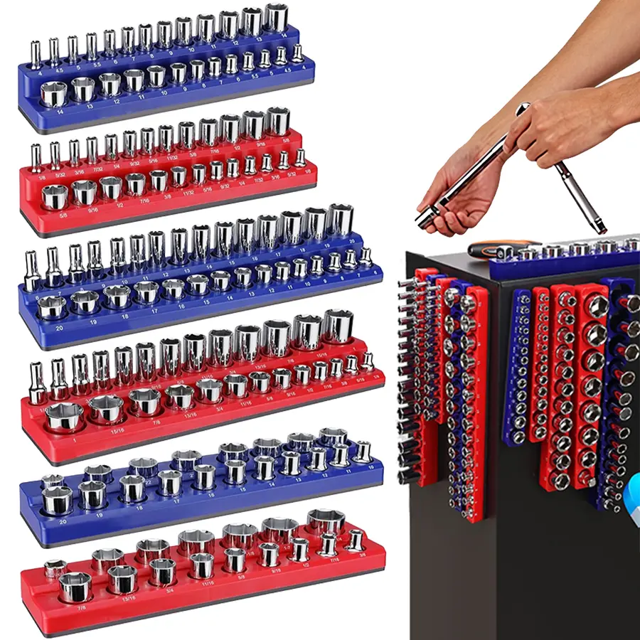 Magnetic Socket Organizer,12-Piece 1/4" 3/8" 1/2"-Drive SAE & Metric Magnetic Socket Organizer Set (Holds 143 Sockets) - Red & Blue Detachable Tool Tray with 5mm Magnetic Base for Garage/Home(Sockets Not Included)