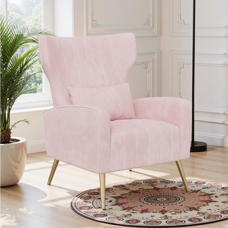 Velvet Accent Chair Wingback for Living Room, High Back Arm Chair with Golden Legs Lumbar Pillow, Upholstered Single Sofa Bedroom Beige Velvet Accent Chair Wingback for Living Room, High Back Arm Chair with Golden Legs Lumbar Pillow, Upholstered Single Sofa Bedroom Beige