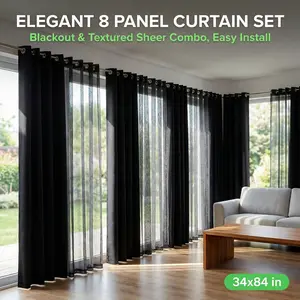 Window Wear 8 Panels 34x84 inches Custom Set, 4 panels are plain blackout curtains, and 4 panels are cross-grain bead-drop curtain with two different widths of 34 inches, both in loop style, high-end, blackout, one set covers FT2599 + FT2930