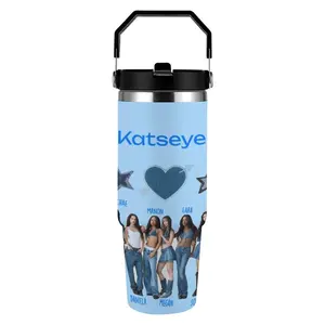 KATSEYE Denim Group 30oz Insulated Tumbler K-Pop Fan Car Cup with Leakproof Handle Lid & Secure Straw Lid for Concerts & Daily Commutes