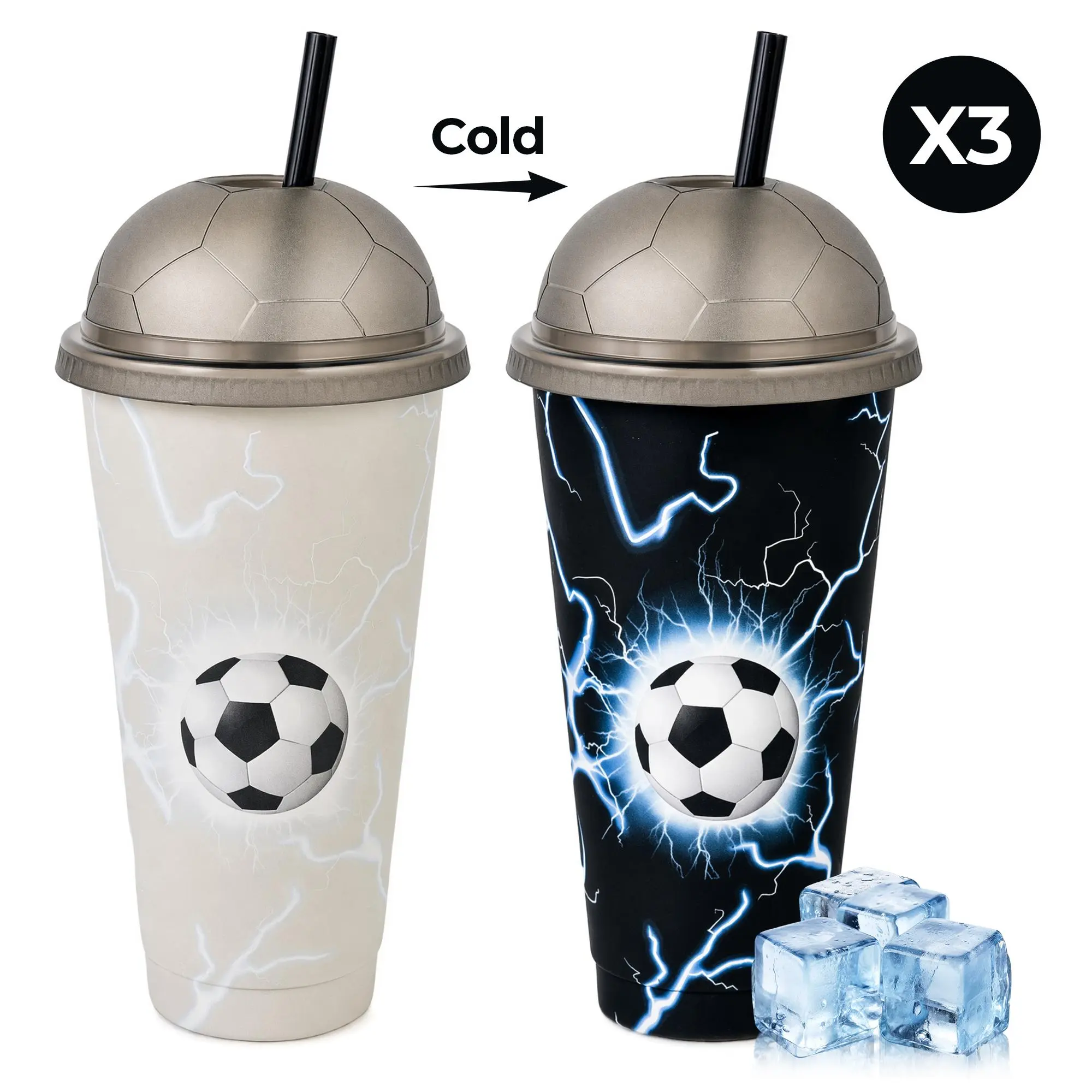 SUSTEAS Portable Cold-Activated Color-Changing Soccer Tumbler - Stainless Steel Spillproof Insulated Vacuum Flask with Lid & Straw, Novel Bottle Design for Football Fans (Tumbler with Lid Vacuum Flasks Included), Novel Bottle Design Vacuum Flasks